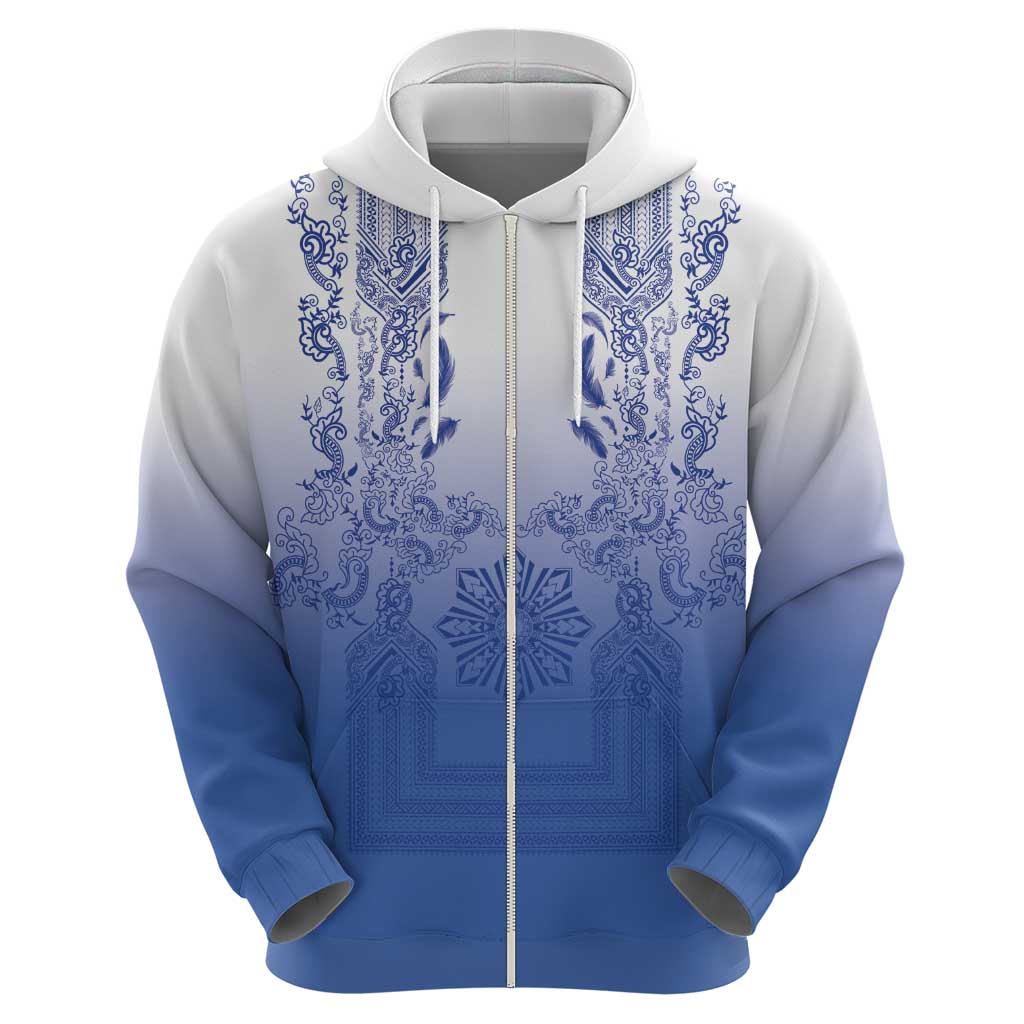 Philippines Barong Style Zip Hoodie with Polynesian Art and Leaf Motif Blue Color