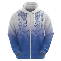 Philippines Barong Style Zip Hoodie with Polynesian Art and Leaf Motif Blue Color