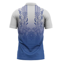 Philippines Barong Style Zipper Polo Shirt with Polynesian Art and Leaf Motif Blue Color