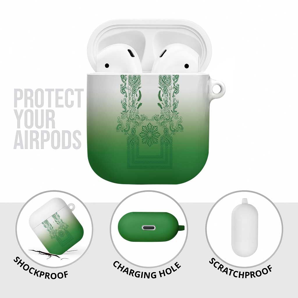 Philippines Barong Style AirPods Case with Polynesian Art and Leaf Motif Green Color