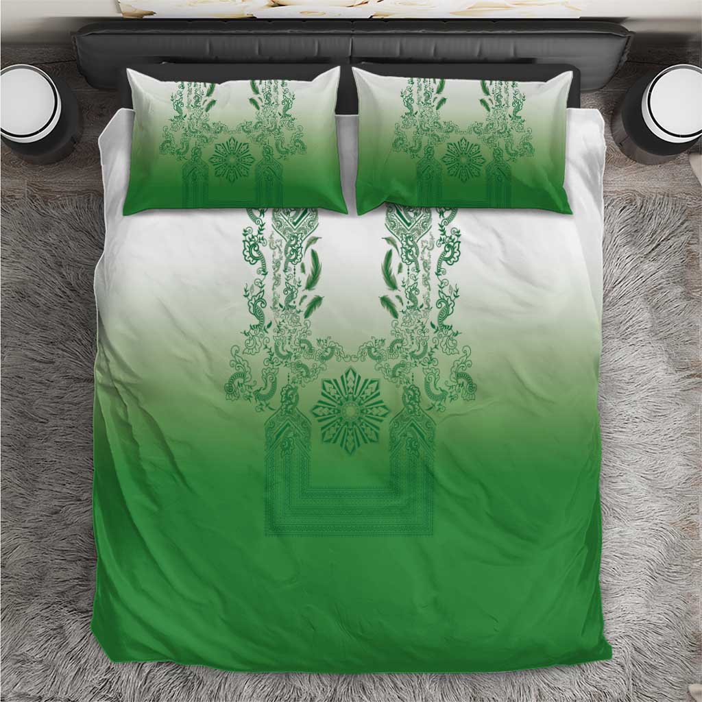 Philippines Barong Style Bedding Set with Polynesian Art and Leaf Motif Green Color