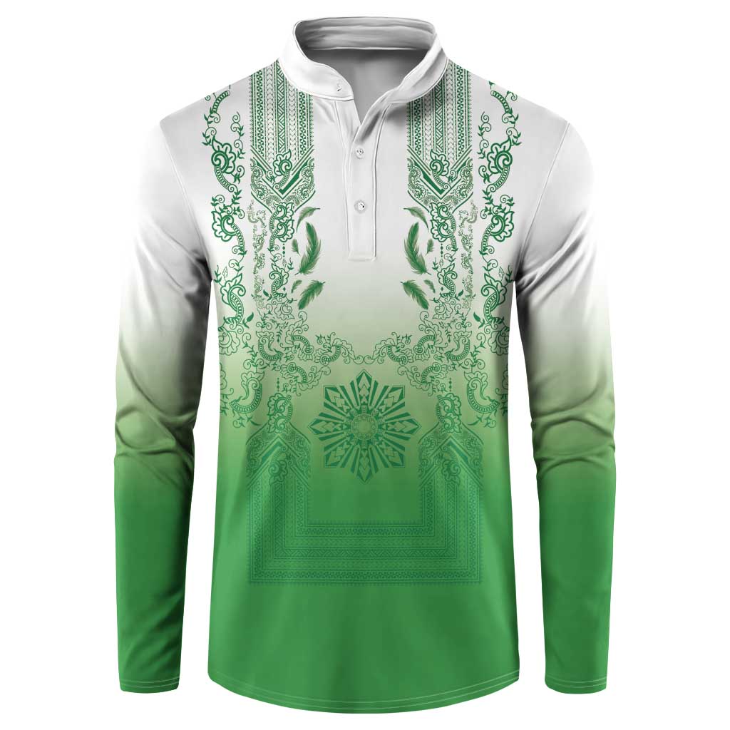 Philippines Barong Style Button Sweatshirt with Polynesian Art and Leaf Motif Green Color