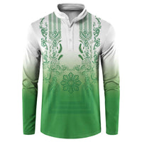 Philippines Barong Style Button Sweatshirt with Polynesian Art and Leaf Motif Green Color