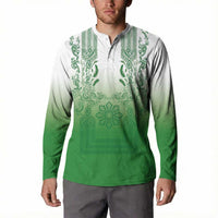 Philippines Barong Style Button Sweatshirt with Polynesian Art and Leaf Motif Green Color