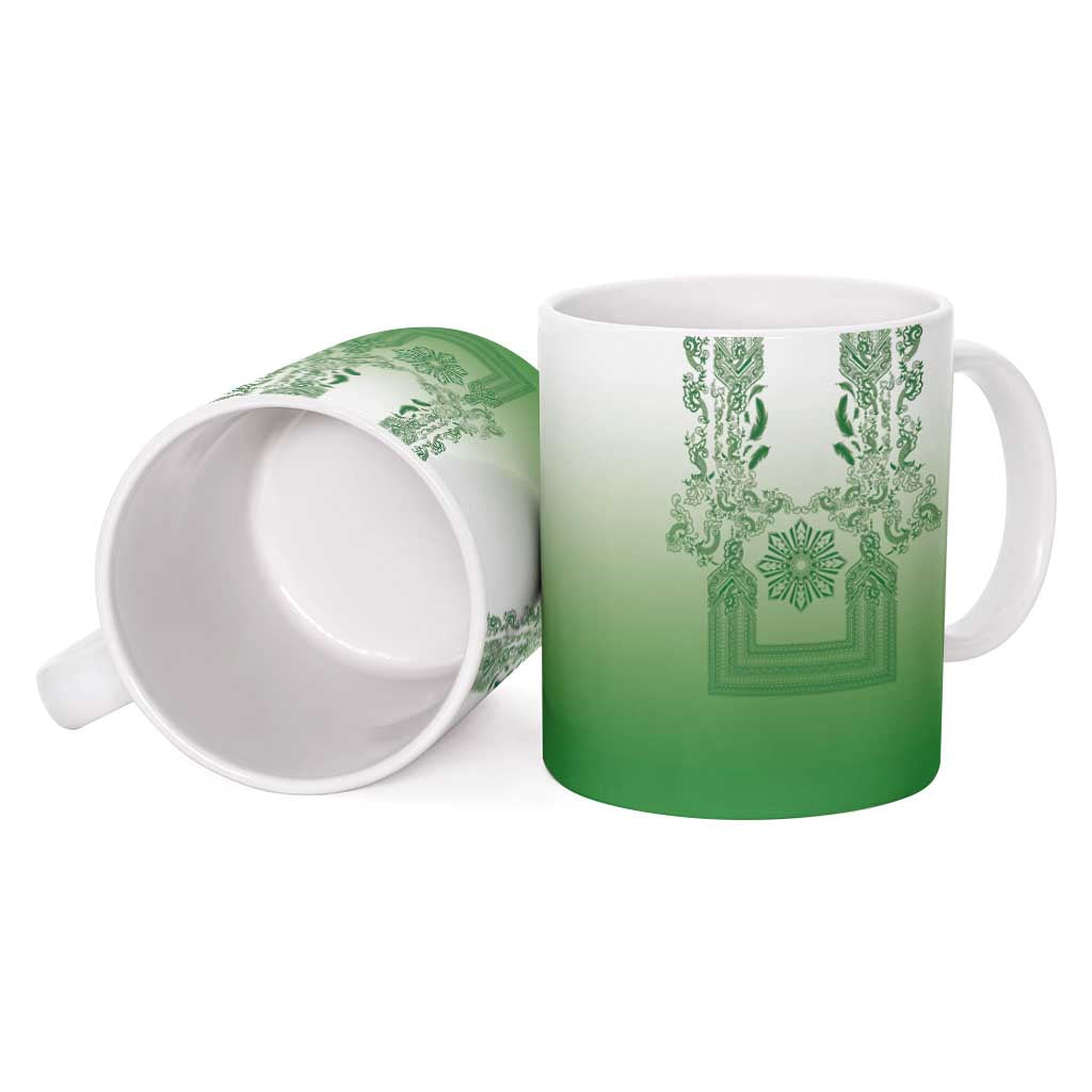 Philippines Barong Style Ceramic Mug with Polynesian Art and Leaf Motif Green Color