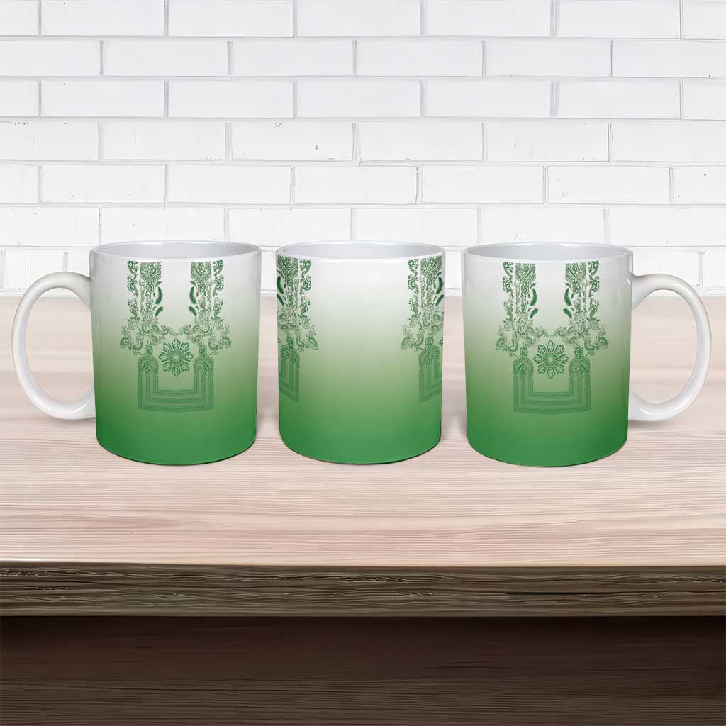 Philippines Barong Style Ceramic Mug with Polynesian Art and Leaf Motif Green Color