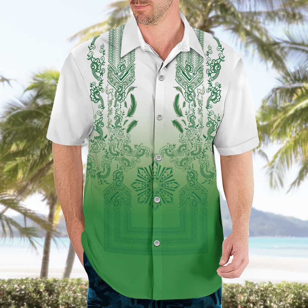 Philippines Barong Style Hawaiian Shirt with Polynesian Art and Leaf Motif Green Color