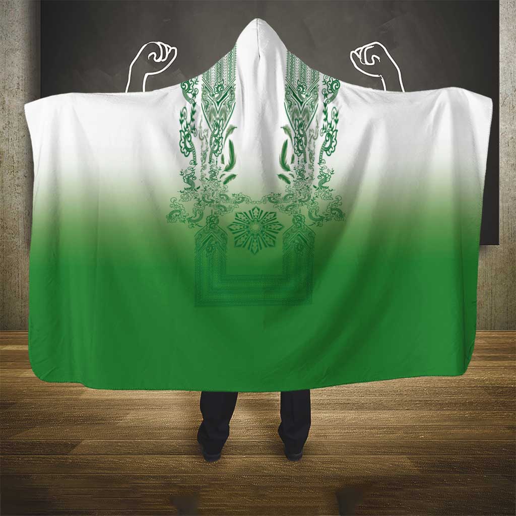 Philippines Barong Style Hooded Blanket with Polynesian Art and Leaf Motif Green Color