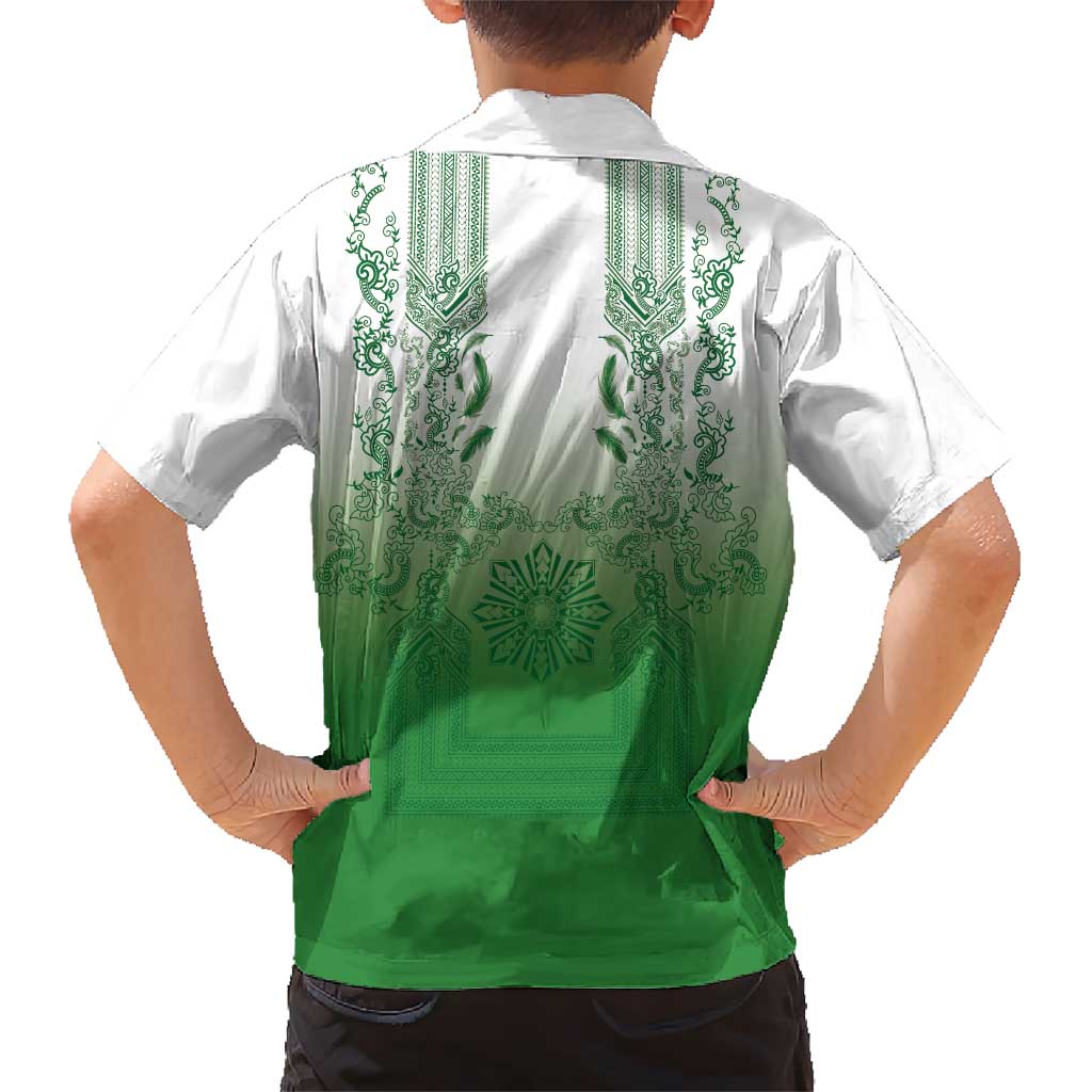 Philippines Barong Style Kid Hawaiian Shirt with Polynesian Art and Leaf Motif Green Color
