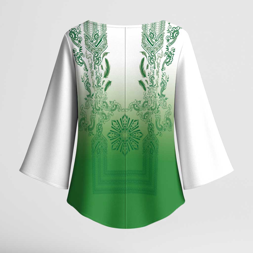 Philippines Barong Style Kimono Sleeve Blouse with Polynesian Art and Leaf Motif Green Color