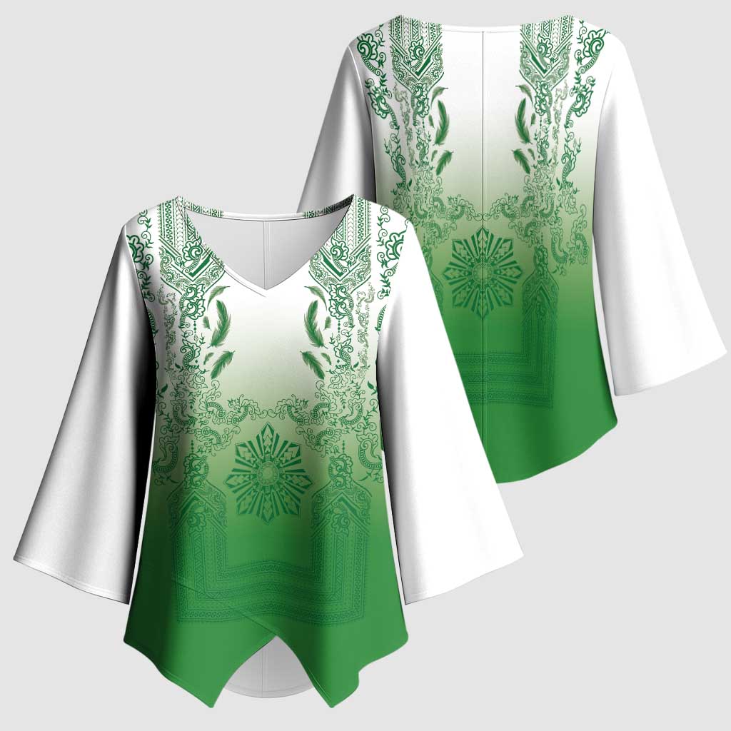 Philippines Barong Style Kimono Sleeve Blouse with Polynesian Art and Leaf Motif Green Color