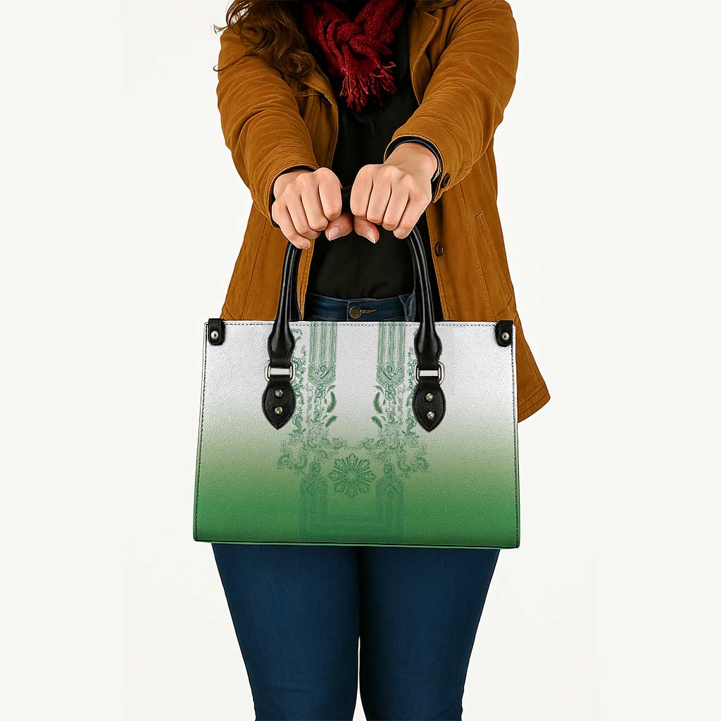 Philippines Barong Style Leather Bag with Polynesian Art and Leaf Motif Green Color