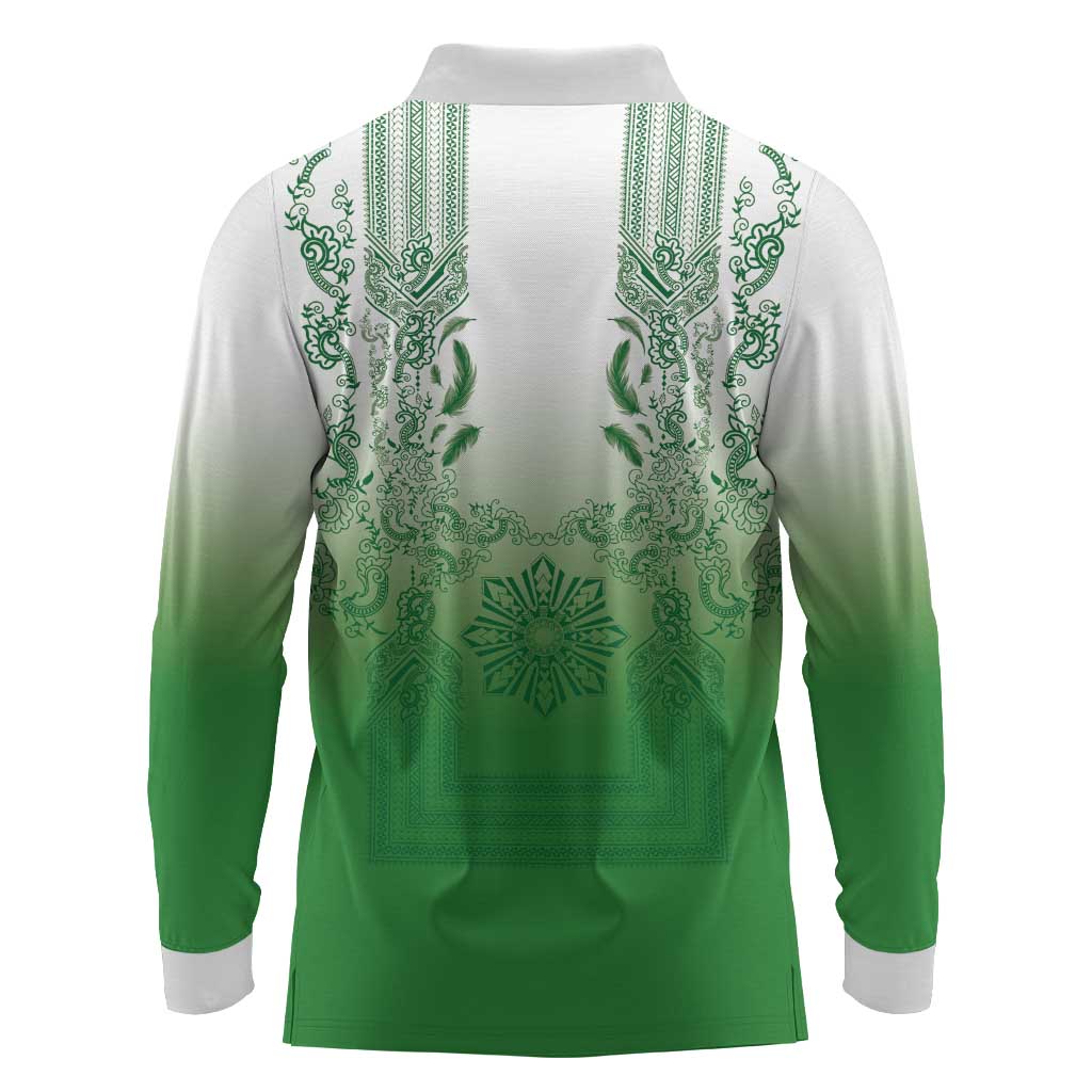 Philippines Barong Style Long Sleeve Polo Shirt with Polynesian Art and Leaf Motif Green Color