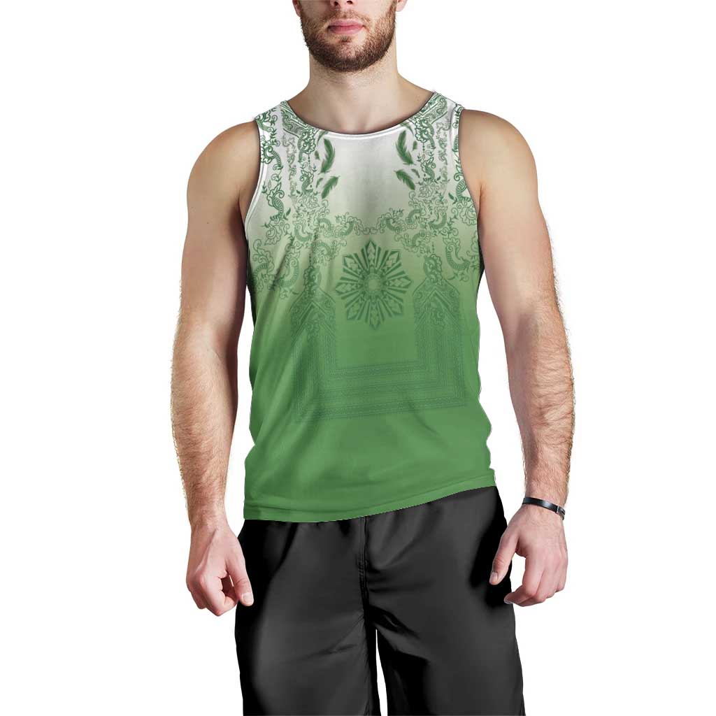 Philippines Barong Style Men Tank Top with Polynesian Art and Leaf Motif Green Color
