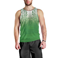 Philippines Barong Style Men Tank Top with Polynesian Art and Leaf Motif Green Color