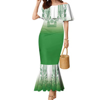 Philippines Barong Style Mermaid Dress with Polynesian Art and Leaf Motif Green Color