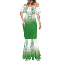 Philippines Barong Style Mermaid Dress with Polynesian Art and Leaf Motif Green Color