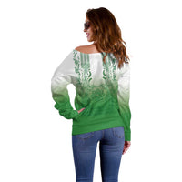 Philippines Barong Style Off Shoulder Sweater with Polynesian Art and Leaf Motif Green Color