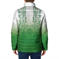Philippines Barong Style Padded Jacket with Polynesian Art and Leaf Motif Green Color