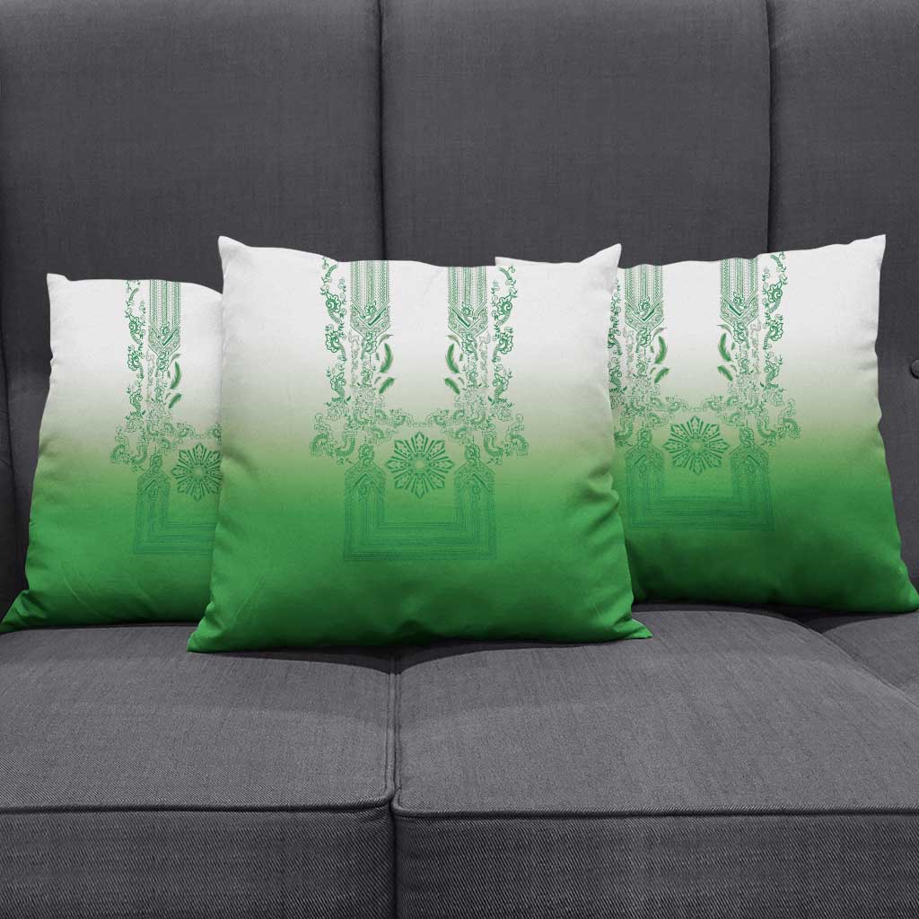 Philippines Barong Style Pillow Cover with Polynesian Art and Leaf Motif Green Color