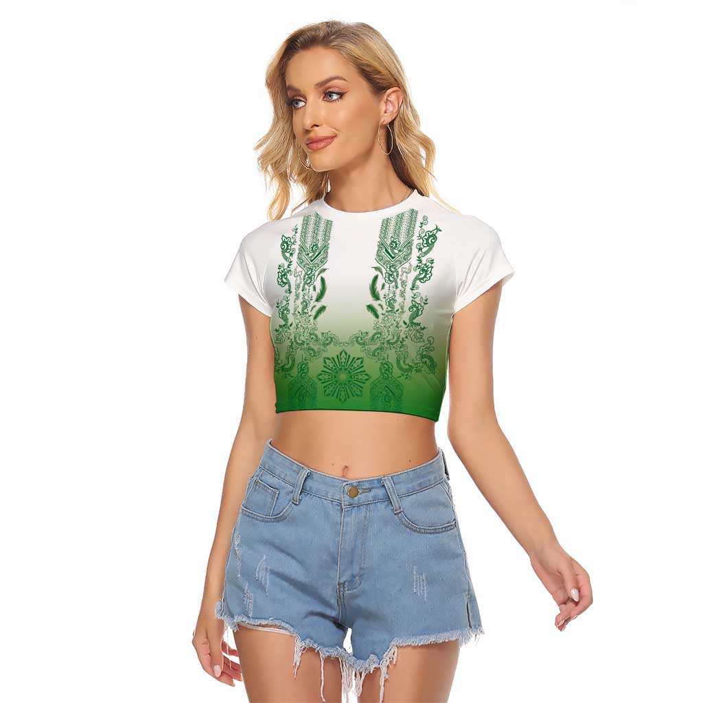 Philippines Barong Style Raglan Cropped T Shirt with Polynesian Art and Leaf Motif Green Color