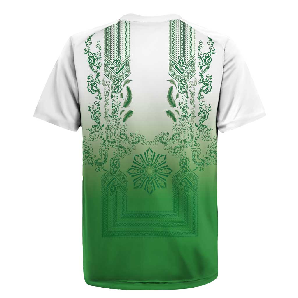 Philippines Barong Style Rugby Jersey with Polynesian Art and Leaf Motif Green Color
