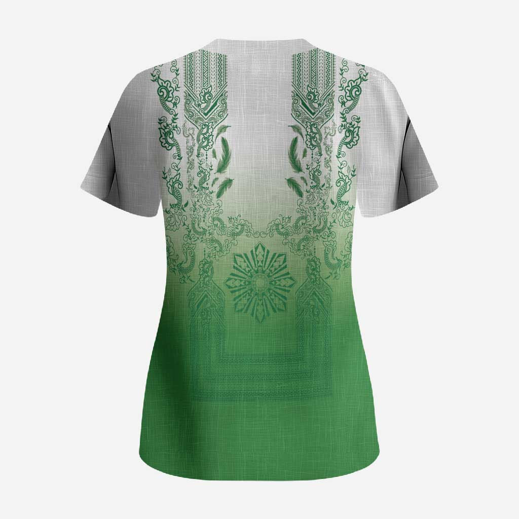 Philippines Barong Style Scrub Top with Polynesian Art and Leaf Motif Green Color