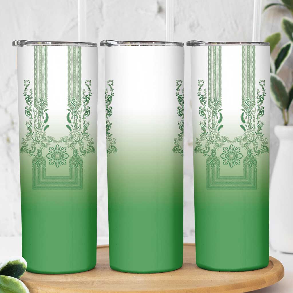 Philippines Barong Style Skinny Tumbler with Polynesian Art and Leaf Motif Green Color