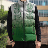 Philippines Barong Style Sleeveless Puffer Jacket with Polynesian Art and Leaf Motif Green Color