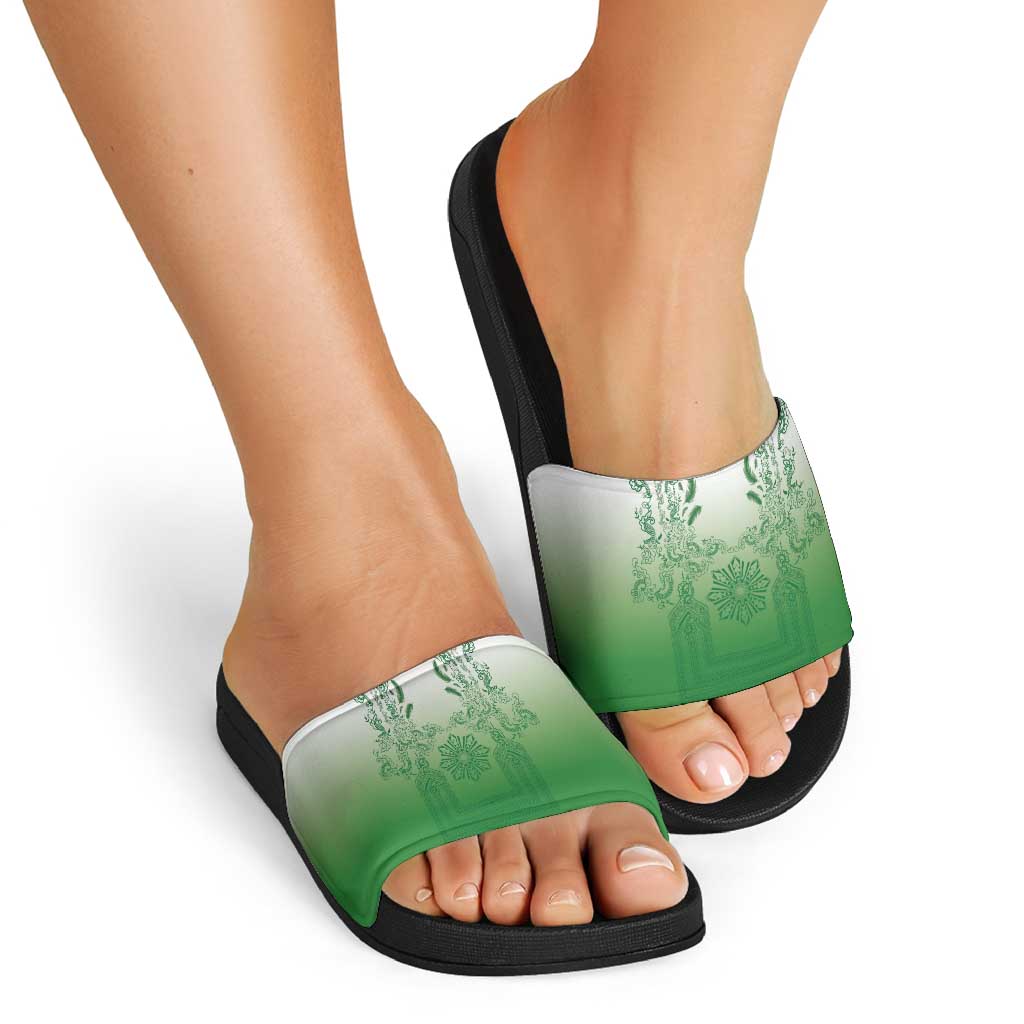 Philippines Barong Style Slide Sandals with Polynesian Art and Leaf Motif Green Color