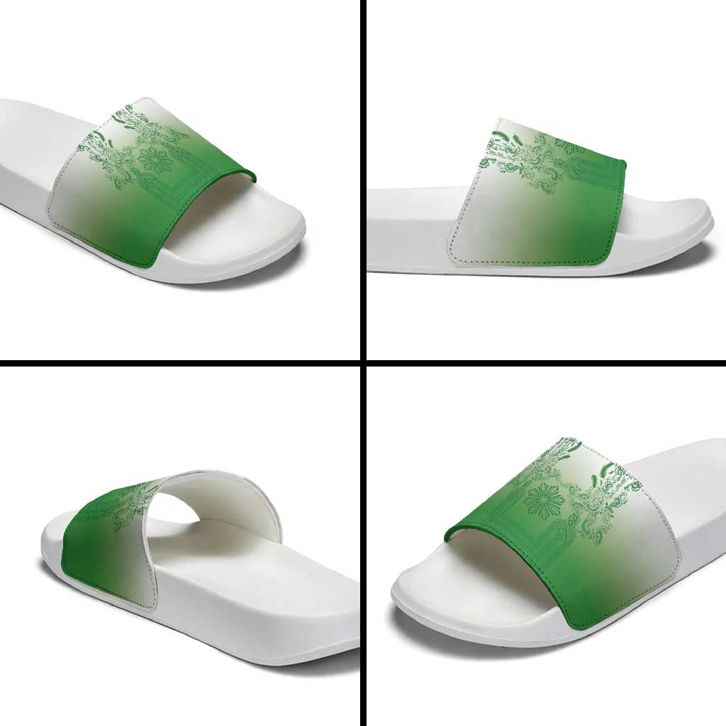 Philippines Barong Style Slide Sandals with Polynesian Art and Leaf Motif Green Color