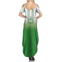 Philippines Barong Style Summer Maxi Dress with Polynesian Art and Leaf Motif Green Color