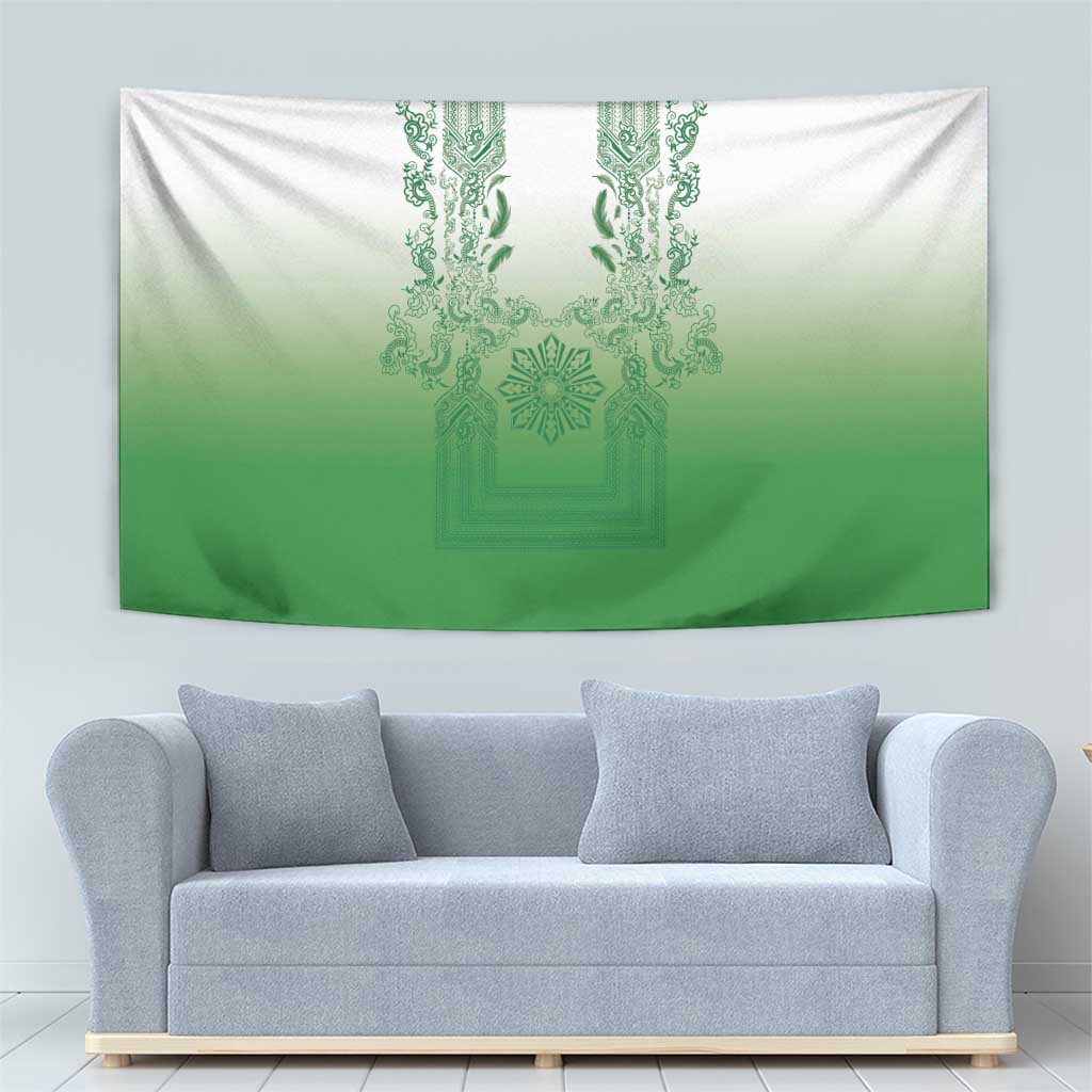 Philippines Barong Style Tapestry with Polynesian Art and Leaf Motif Green Color