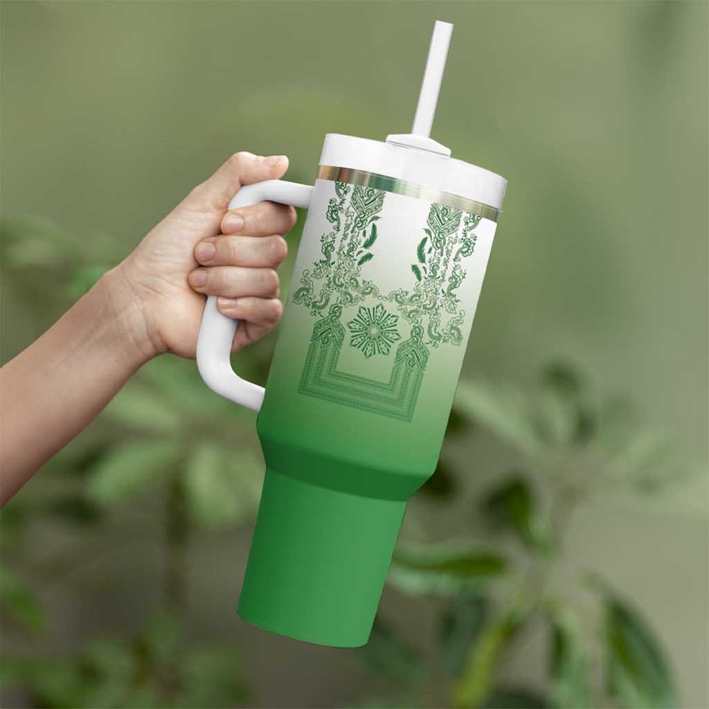 Philippines Barong Style Tumbler With Handle with Polynesian Art and Leaf Motif Green Color