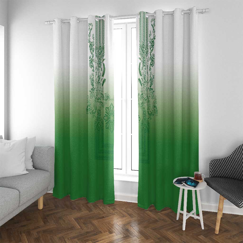Philippines Barong Style Window Curtain with Polynesian Art and Leaf Motif Green Color
