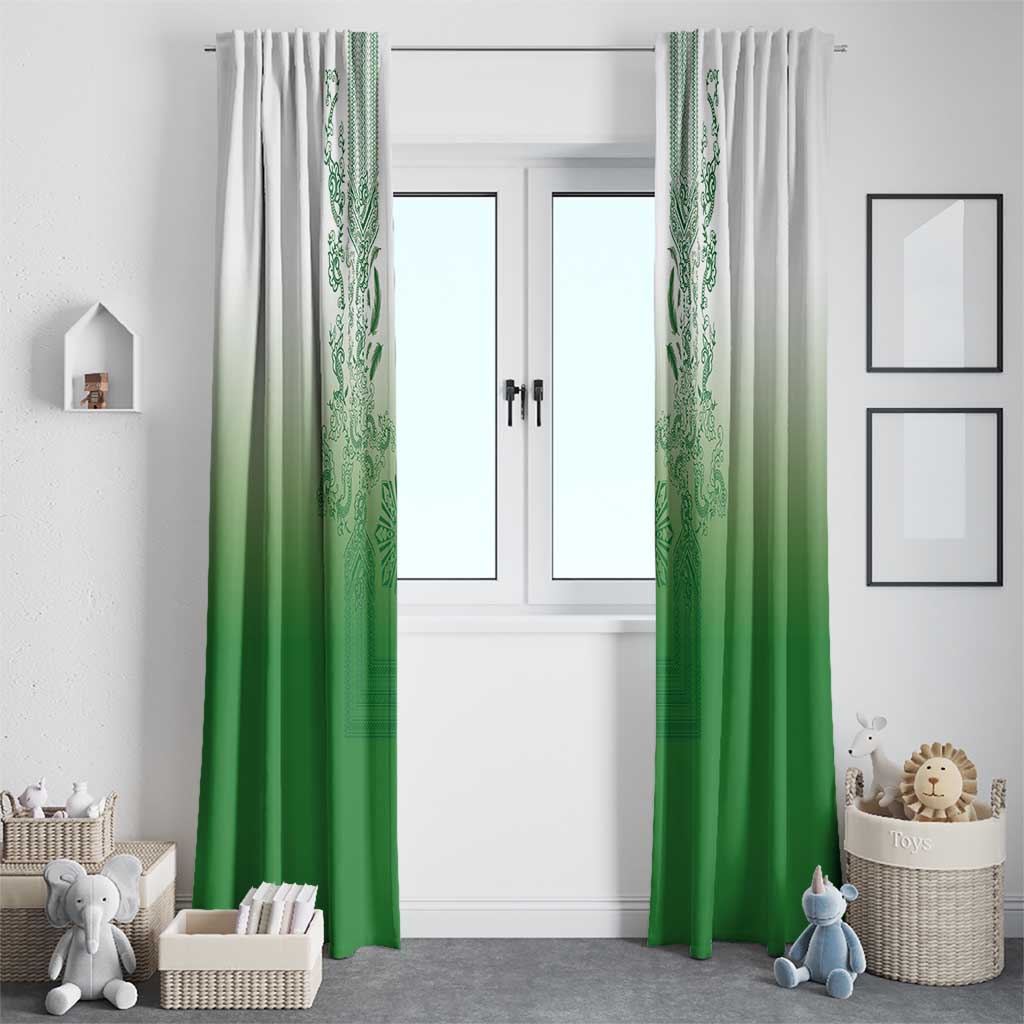 Philippines Barong Style Window Curtain with Polynesian Art and Leaf Motif Green Color