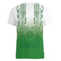 Philippines Barong Style Women V-Neck T-Shirt with Polynesian Art and Leaf Motif Green Color