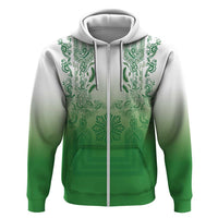 Philippines Barong Style Zip Hoodie with Polynesian Art and Leaf Motif Green Color