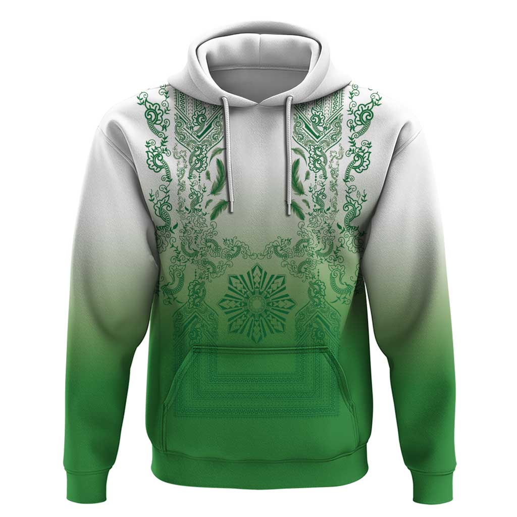 Philippines Barong Style Zip Hoodie with Polynesian Art and Leaf Motif Green Color