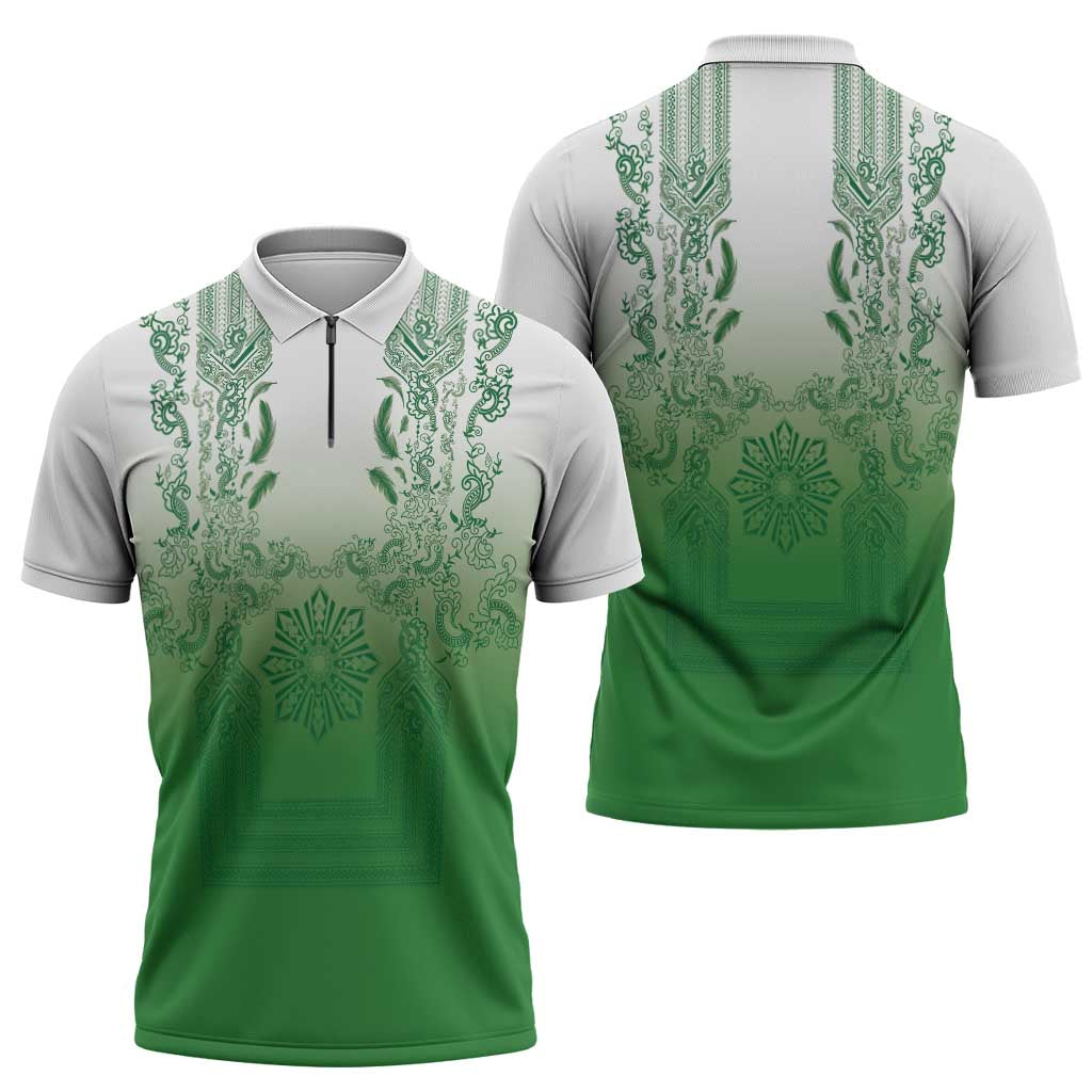 Philippines Barong Style Zipper Polo Shirt with Polynesian Art and Leaf Motif Green Color