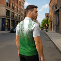 Philippines Barong Style Zipper Polo Shirt with Polynesian Art and Leaf Motif Green Color