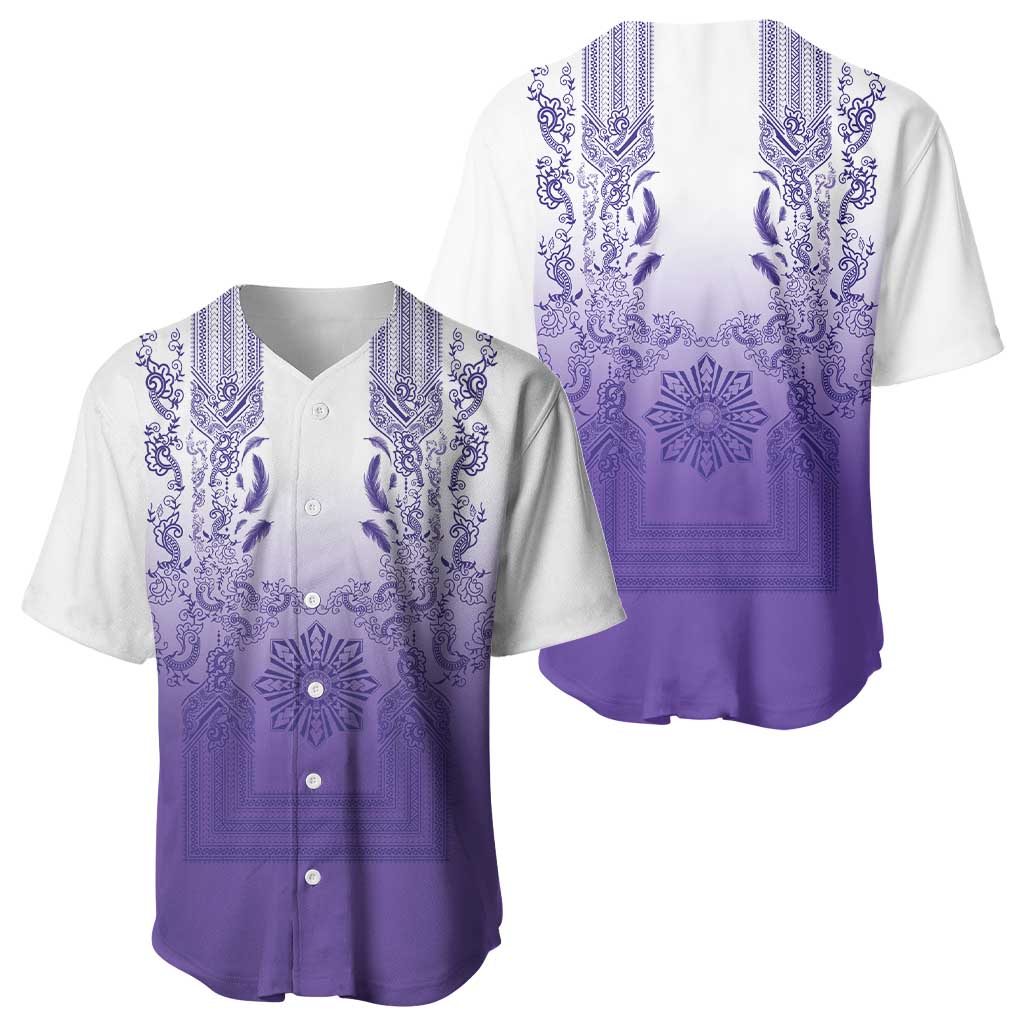Philippines Barong Style Baseball Jersey with Polynesian Art and Leaf Motif Purple Color