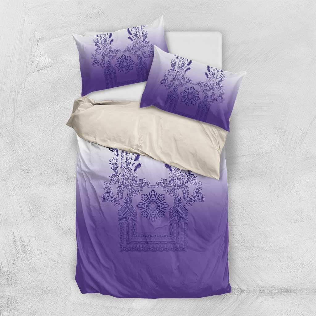 Philippines Barong Style Bedding Set with Polynesian Art and Leaf Motif Purple Color