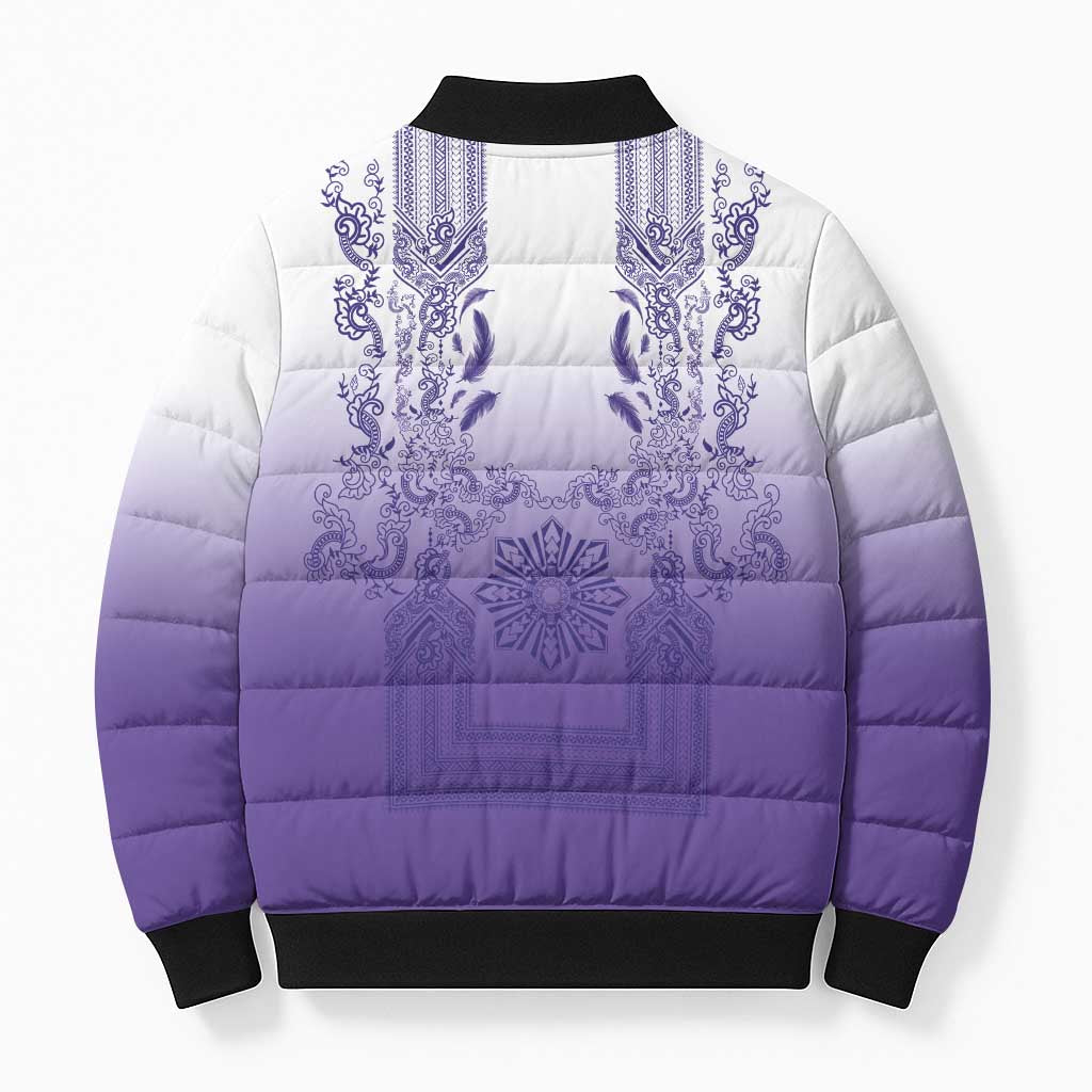 Philippines Barong Style Bomber Puffer Jacket with Polynesian Art and Leaf Motif Purple Color