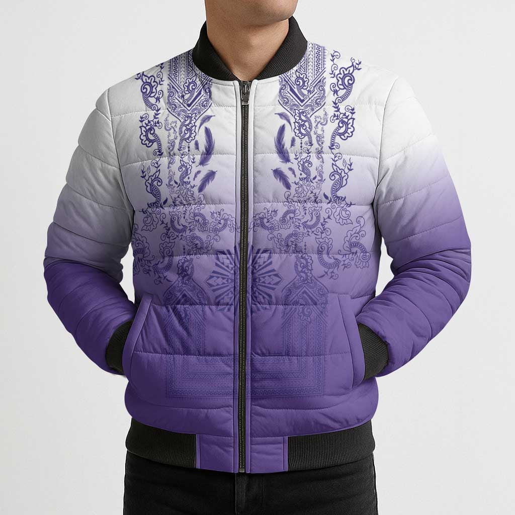 Philippines Barong Style Bomber Puffer Jacket with Polynesian Art and Leaf Motif Purple Color