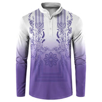 Philippines Barong Style Button Sweatshirt with Polynesian Art and Leaf Motif Purple Color