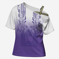 Philippines Barong Style Cross Shoulder Shirt with Polynesian Art and Leaf Motif Purple Color