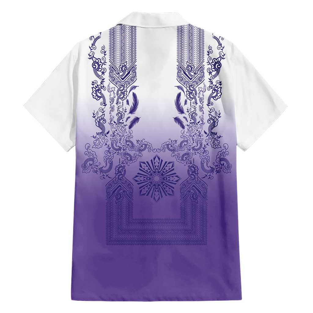 Philippines Barong Style Hawaiian Shirt with Polynesian Art and Leaf Motif Purple Color