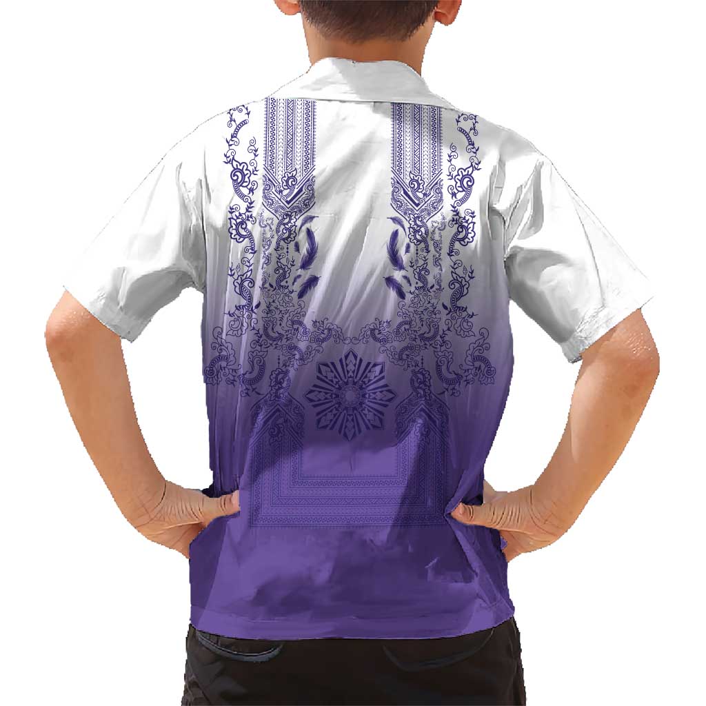 Philippines Barong Style Kid Hawaiian Shirt with Polynesian Art and Leaf Motif Purple Color