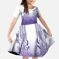 Philippines Barong Style Kid Short Sleeve Dress with Polynesian Art and Leaf Motif Purple Color